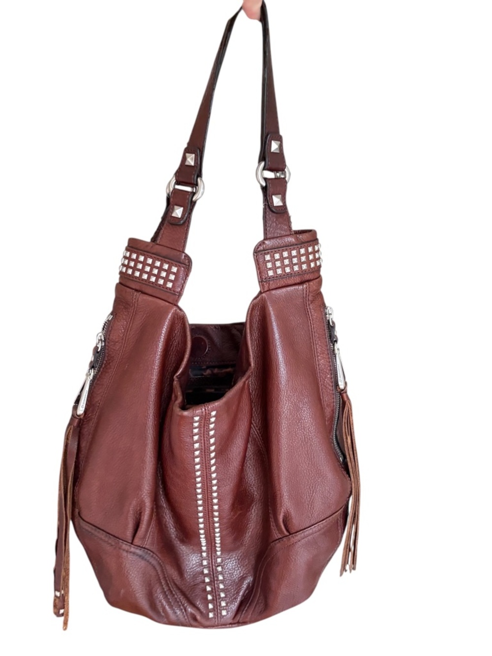 B Makowsky hobo slouchy shoulder bag brown leather studded pockets silver zips